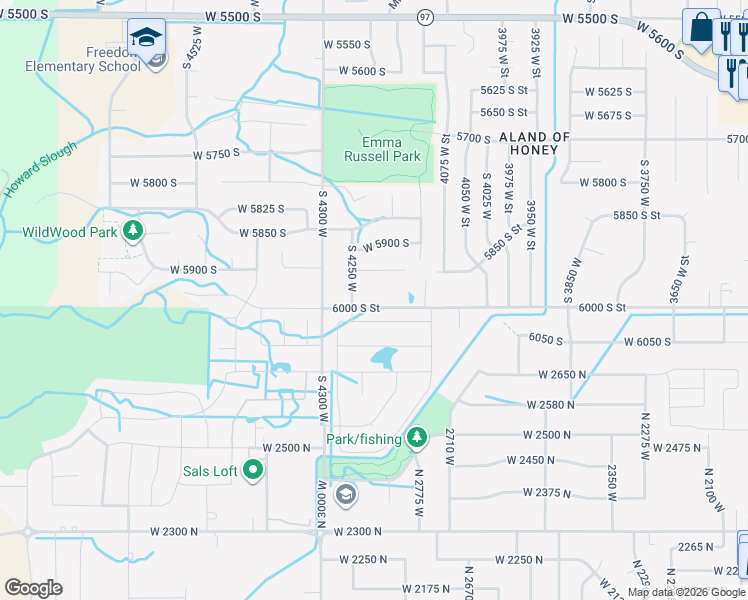 map of restaurants, bars, coffee shops, grocery stores, and more near 4202 West 6000 South in Roy