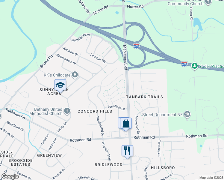 map of restaurants, bars, coffee shops, grocery stores, and more near 7810 Harrisburg Ln in Fort Wayne