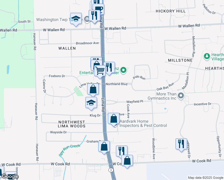 map of restaurants, bars, coffee shops, grocery stores, and more near 1615 Northland Boulevard in Fort Wayne