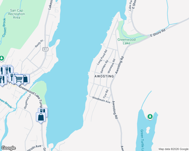 map of restaurants, bars, coffee shops, grocery stores, and more near 214 Long Pond Road in West Milford