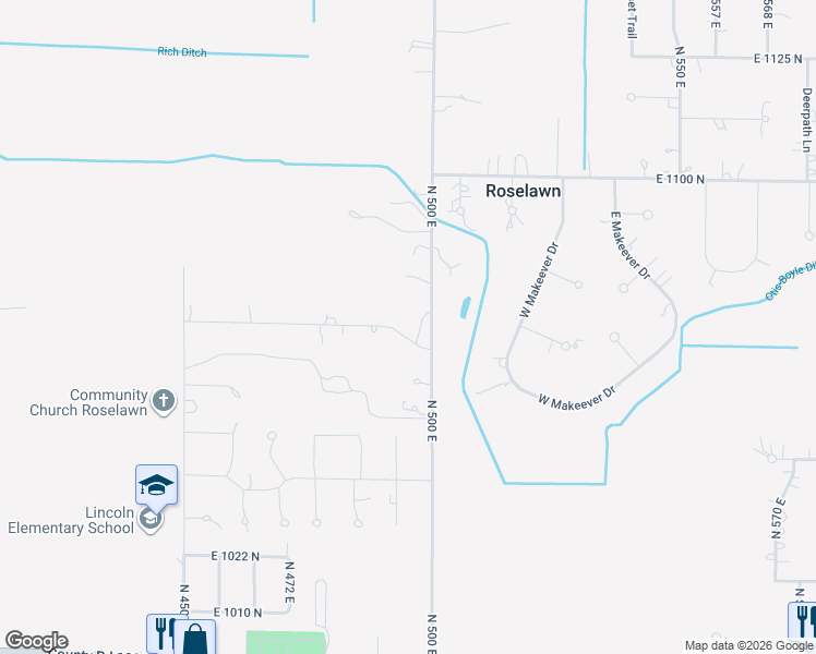 map of restaurants, bars, coffee shops, grocery stores, and more near 4956 East 1068 North in De Motte