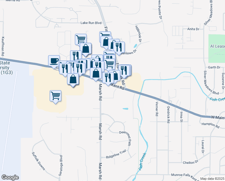 map of restaurants, bars, coffee shops, grocery stores, and more near 4480 Kent Road in Stow
