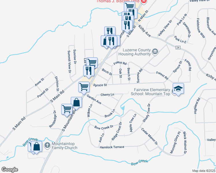 map of restaurants, bars, coffee shops, grocery stores, and more near 29 Spruce Street in Mountain Top