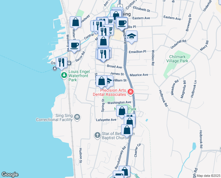 map of restaurants, bars, coffee shops, grocery stores, and more near 22 Edward Street in Ossining