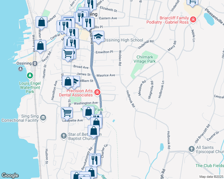map of restaurants, bars, coffee shops, grocery stores, and more near 85 South Highland Avenue in Ossining