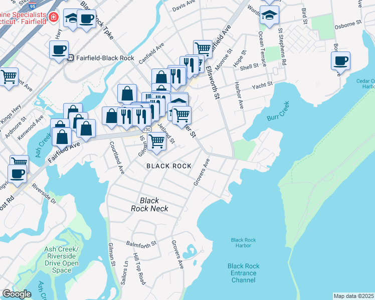 map of restaurants, bars, coffee shops, grocery stores, and more near 75 Fairlawn Avenue in Bridgeport