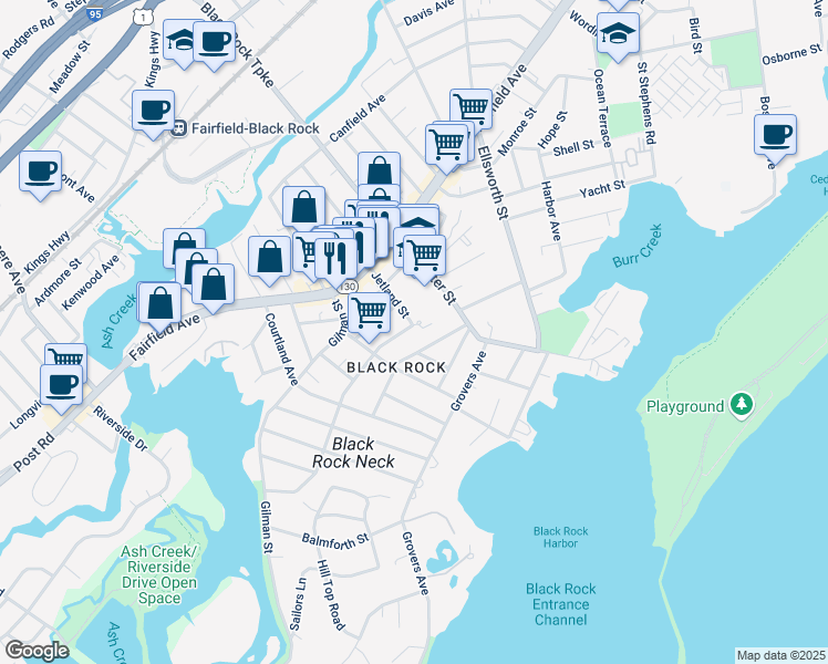 map of restaurants, bars, coffee shops, grocery stores, and more near 75 Fairlawn Avenue in Bridgeport