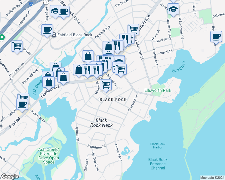 map of restaurants, bars, coffee shops, grocery stores, and more near in Bridgeport