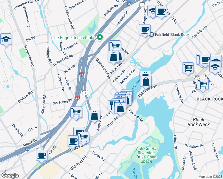 map of restaurants, bars, coffee shops, grocery stores, and more near 72 Roanoke Avenue in Fairfield