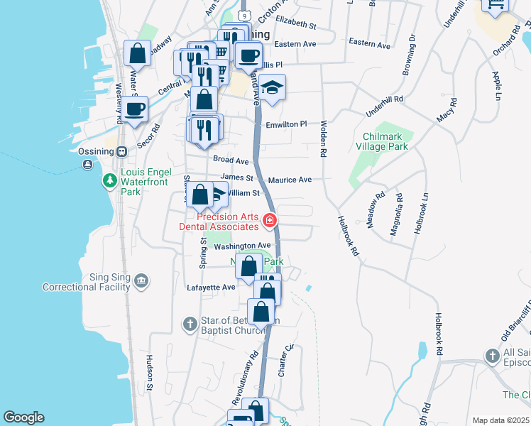 map of restaurants, bars, coffee shops, grocery stores, and more near 102 South Highland Avenue in Ossining