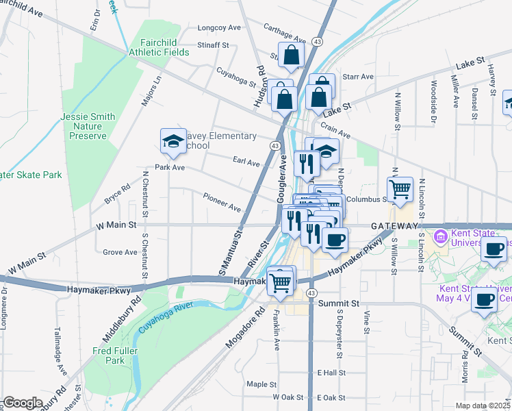 map of restaurants, bars, coffee shops, grocery stores, and more near 319 West Main Street in Kent