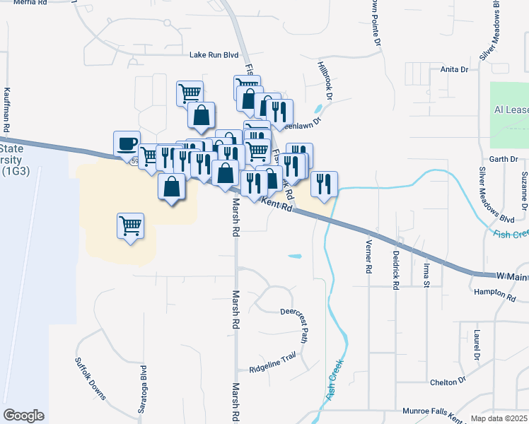 map of restaurants, bars, coffee shops, grocery stores, and more near 4480 Kent Road in Stow