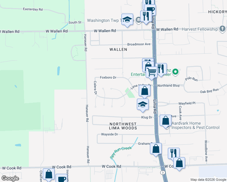 map of restaurants, bars, coffee shops, grocery stores, and more near 2202 Lima Valley Drive in Fort Wayne