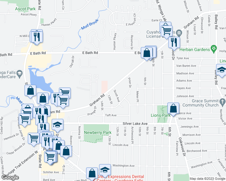 map of restaurants, bars, coffee shops, grocery stores, and more near 3090 Scott Avenue in Cuyahoga Falls
