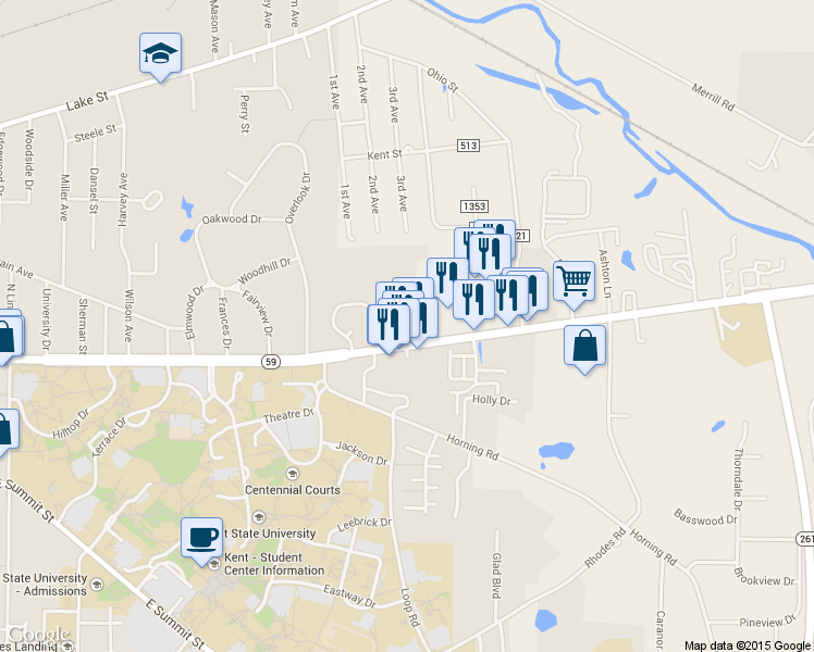 map of restaurants, bars, coffee shops, grocery stores, and more near 1450 Ohio 59 in Kent