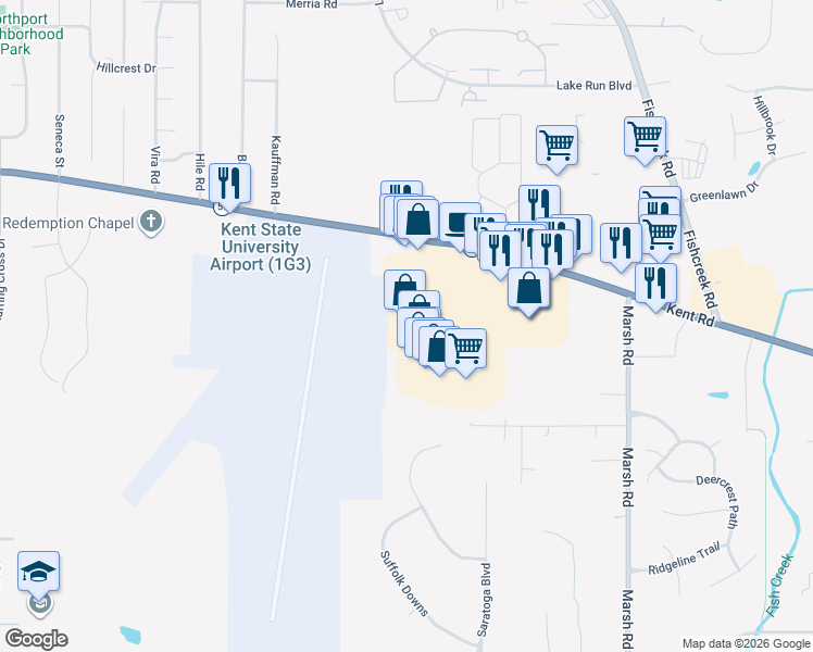 map of restaurants, bars, coffee shops, grocery stores, and more near 4240 Kent Road in Stow