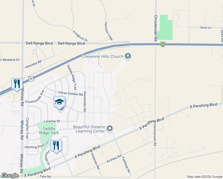 map of restaurants, bars, coffee shops, grocery stores, and more near 4308 Sage Road in Cheyenne