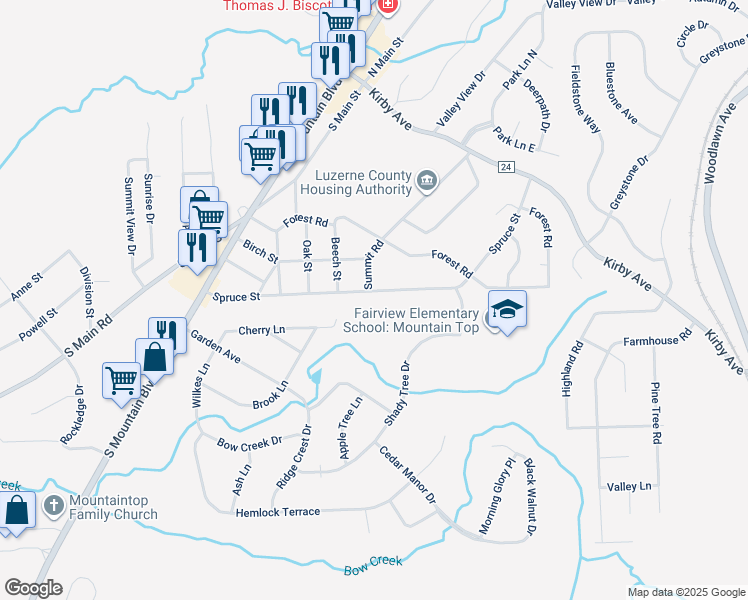 map of restaurants, bars, coffee shops, grocery stores, and more near 81 Spruce Street in Mountain Top