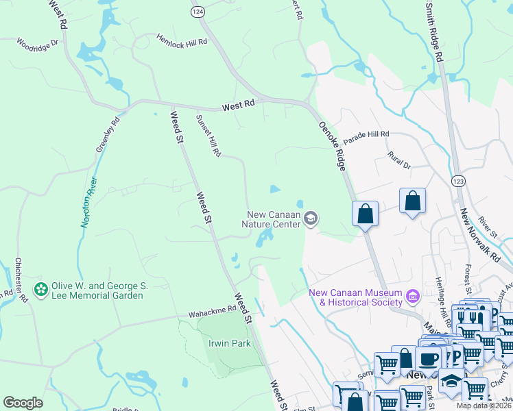 map of restaurants, bars, coffee shops, grocery stores, and more near 111 Sunset Hill Road in New Canaan