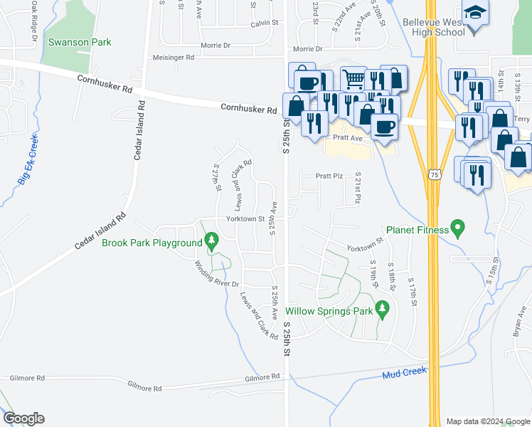 map of restaurants, bars, coffee shops, grocery stores, and more near 10610 South 25th Avenue in Bellevue