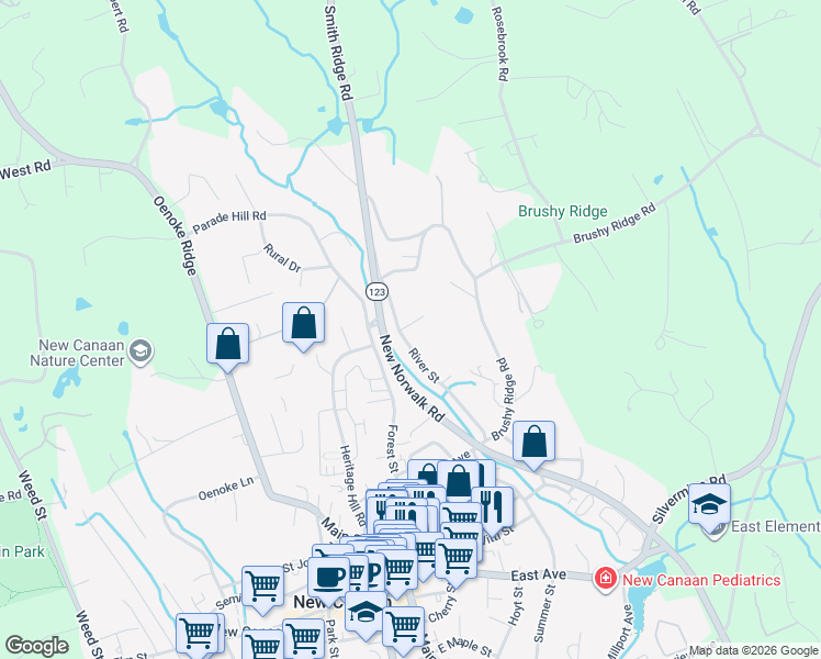 map of restaurants, bars, coffee shops, grocery stores, and more near 9 Charles Place in New Canaan