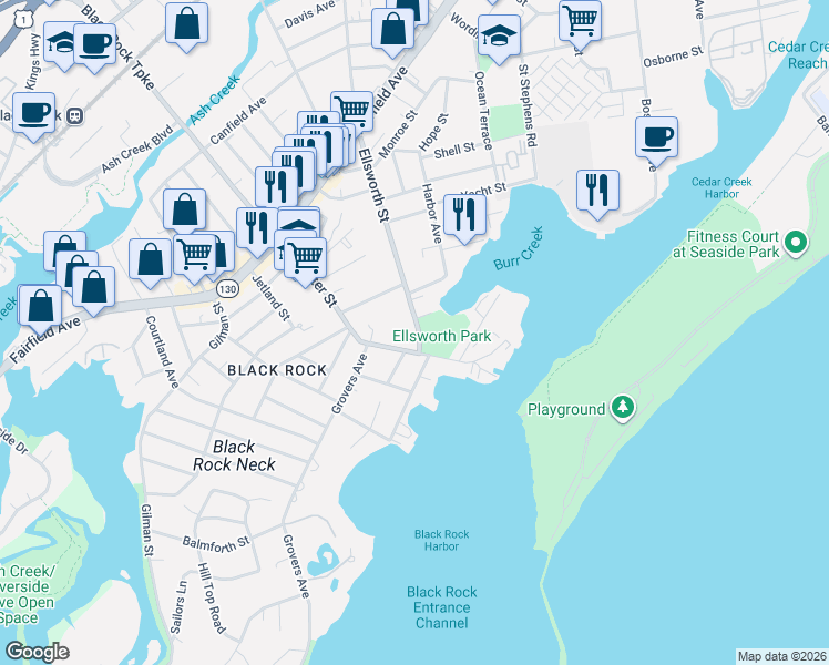 map of restaurants, bars, coffee shops, grocery stores, and more near 100 Ellsworth Street in Bridgeport