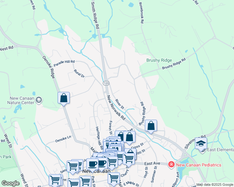 map of restaurants, bars, coffee shops, grocery stores, and more near 139 River Street in New Canaan