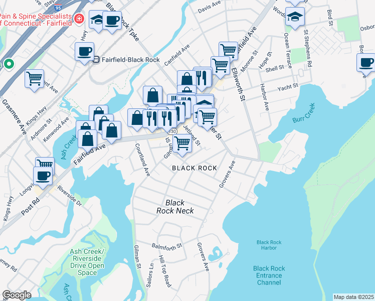 map of restaurants, bars, coffee shops, grocery stores, and more near 67-71 Jetland Street in Bridgeport