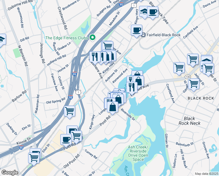 map of restaurants, bars, coffee shops, grocery stores, and more near 25 Ardmore Street in Fairfield