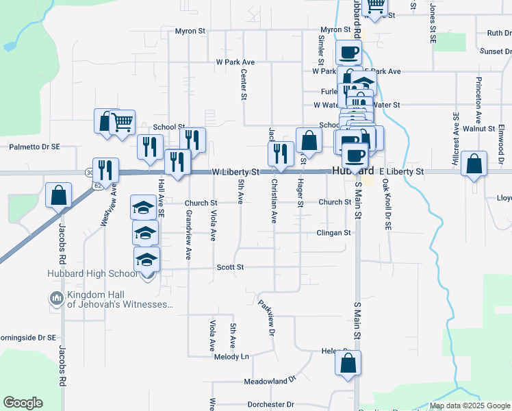map of restaurants, bars, coffee shops, grocery stores, and more near 33 5th Avenue in Hubbard