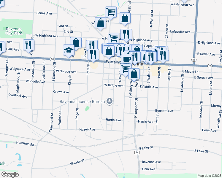 map of restaurants, bars, coffee shops, grocery stores, and more near 262 West Riddle Avenue in Ravenna
