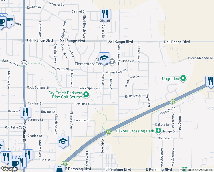 map of restaurants, bars, coffee shops, grocery stores, and more near 4101 Dildine Road in Cheyenne