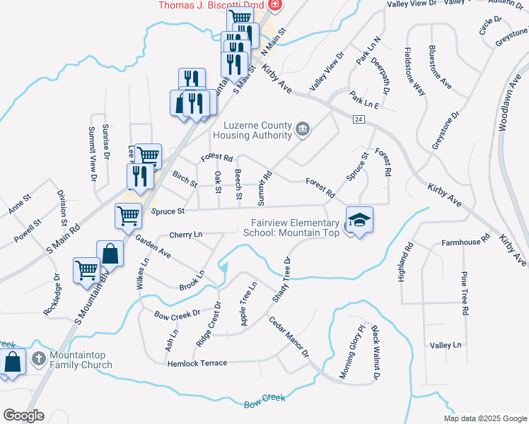 map of restaurants, bars, coffee shops, grocery stores, and more near 81 Spruce Street in Mountain Top