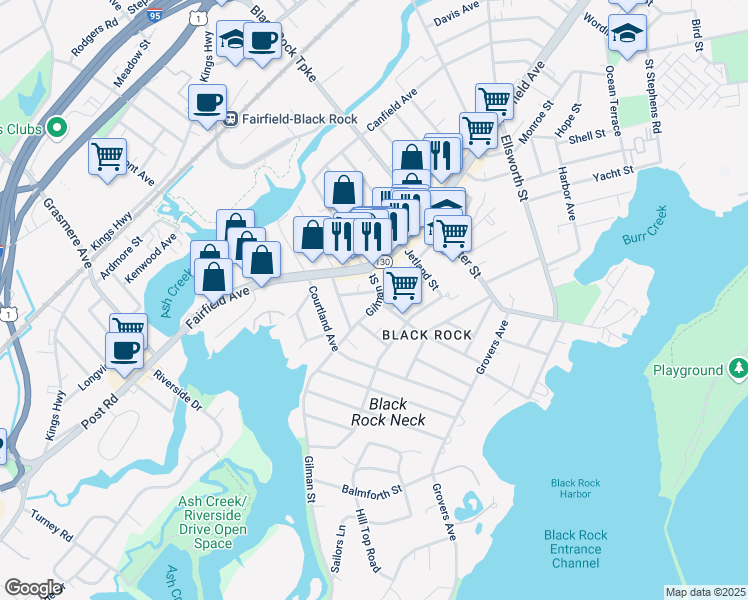 map of restaurants, bars, coffee shops, grocery stores, and more near 84 Gilman Street in Bridgeport