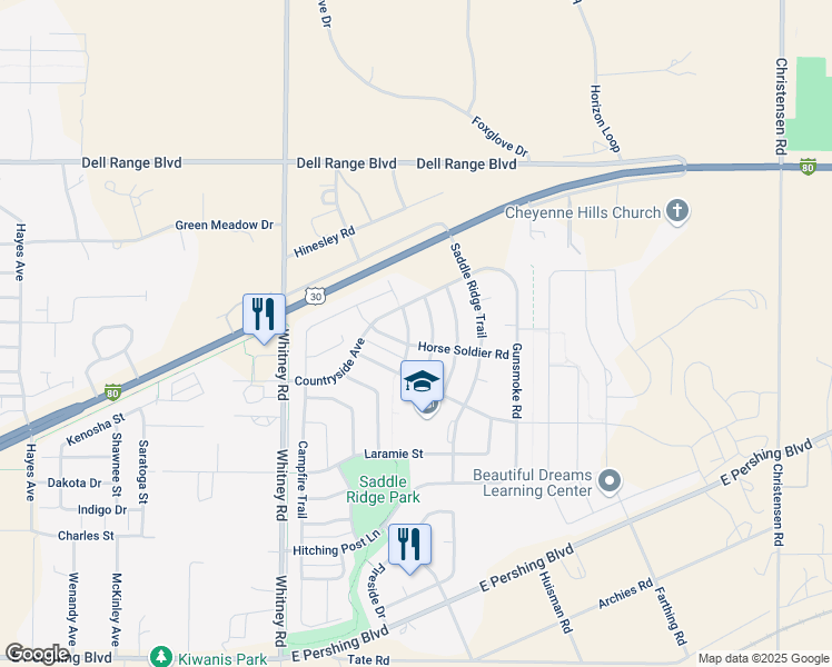 map of restaurants, bars, coffee shops, grocery stores, and more near 4000 Fire Walker Trail in Cheyenne