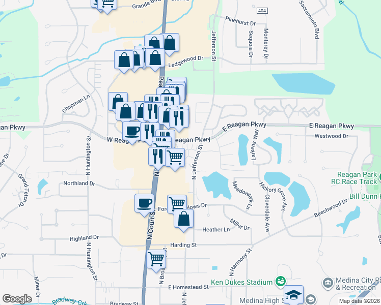 map of restaurants, bars, coffee shops, grocery stores, and more near 1073 North Jefferson Street in Medina