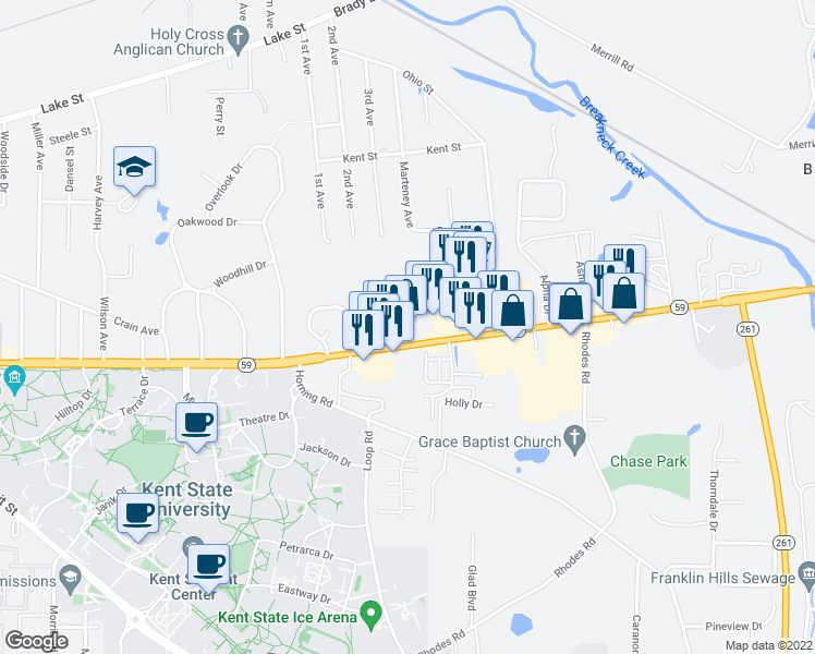 map of restaurants, bars, coffee shops, grocery stores, and more near 1639 East Main Street in Kent