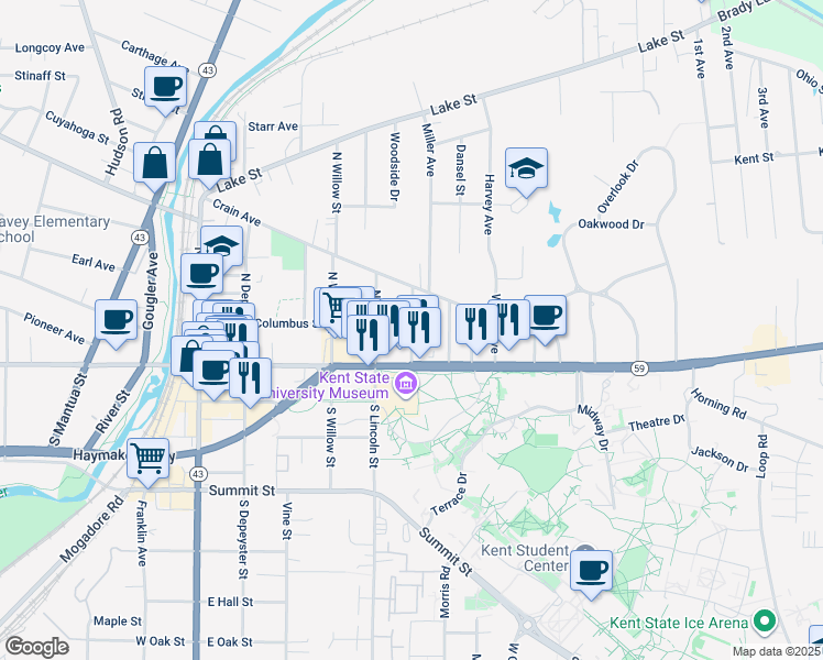 map of restaurants, bars, coffee shops, grocery stores, and more near University Drive in Kent