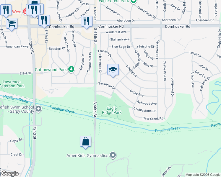 map of restaurants, bars, coffee shops, grocery stores, and more near 1815 Savannah Drive in Papillion