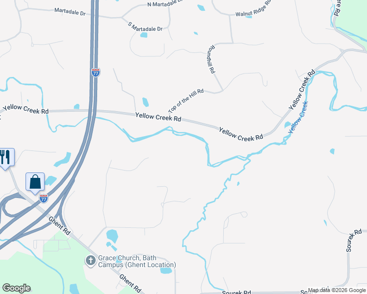 map of restaurants, bars, coffee shops, grocery stores, and more near 3166 Yellow Creek Road in Akron