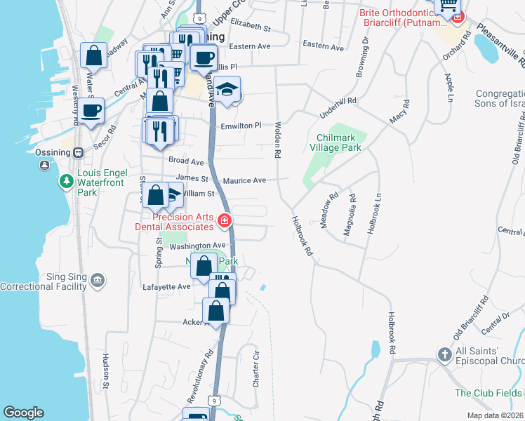map of restaurants, bars, coffee shops, grocery stores, and more near 89 South Highland Avenue in Ossining