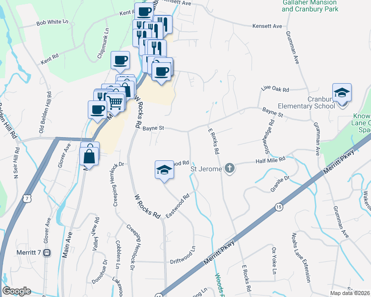 map of restaurants, bars, coffee shops, grocery stores, and more near 21 Bayne Street in Norwalk