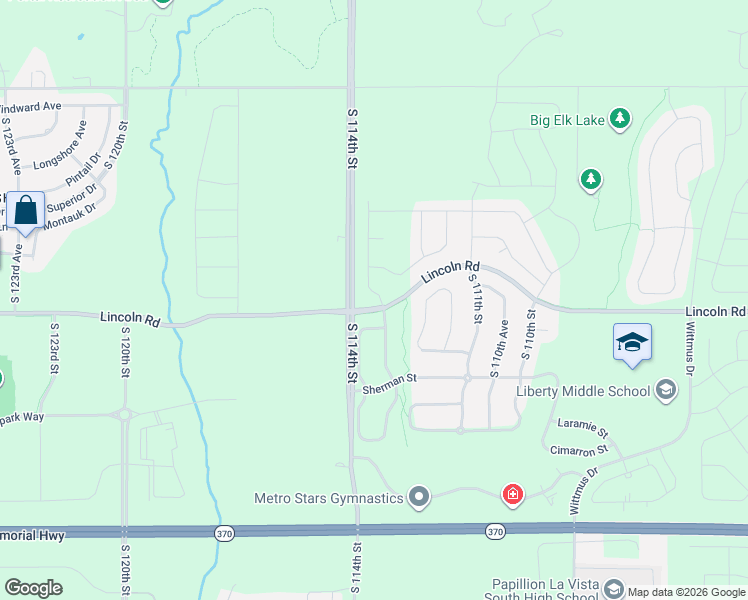 map of restaurants, bars, coffee shops, grocery stores, and more near 10517 South 113th Street in Papillion