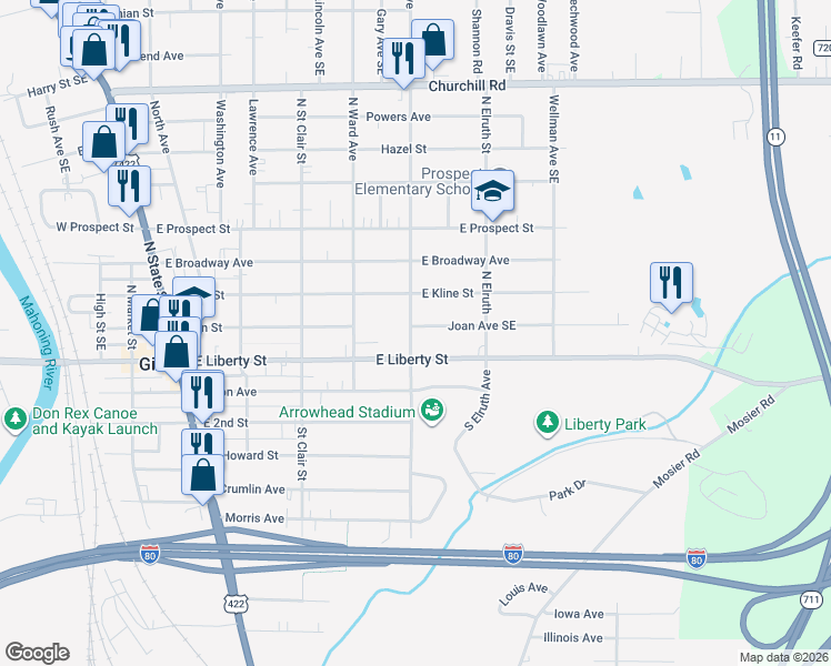 map of restaurants, bars, coffee shops, grocery stores, and more near 401 Joan Avenue Southeast in Girard