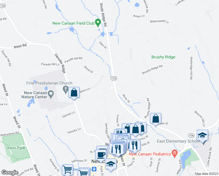 map of restaurants, bars, coffee shops, grocery stores, and more near 2 Parade Hill Road in New Canaan