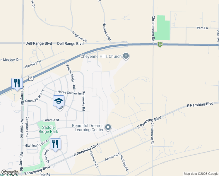map of restaurants, bars, coffee shops, grocery stores, and more near 4308 Sage Road in Cheyenne