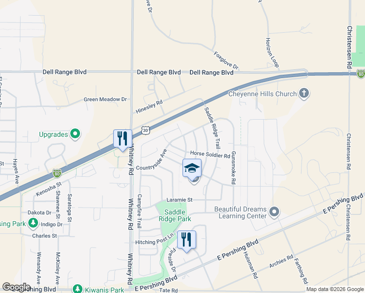 map of restaurants, bars, coffee shops, grocery stores, and more near 3908 Medicine Man Trail in Cheyenne