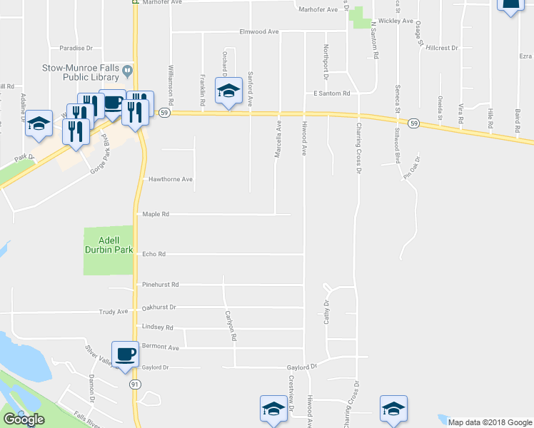map of restaurants, bars, coffee shops, grocery stores, and more near 2101 Maple Road in Stow