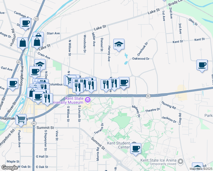map of restaurants, bars, coffee shops, grocery stores, and more near 221 Sherman Street in Kent