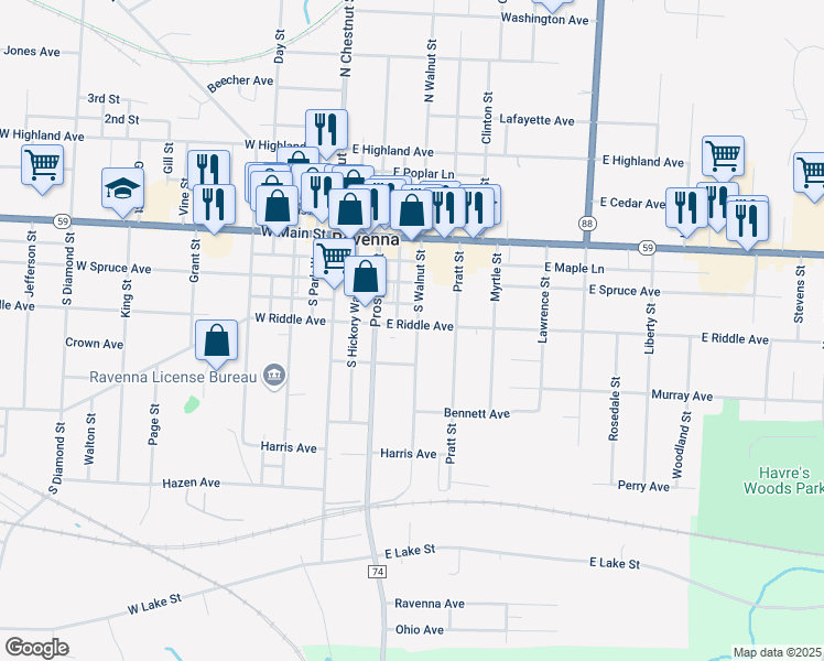 map of restaurants, bars, coffee shops, grocery stores, and more near 261 South Walnut Street in Ravenna